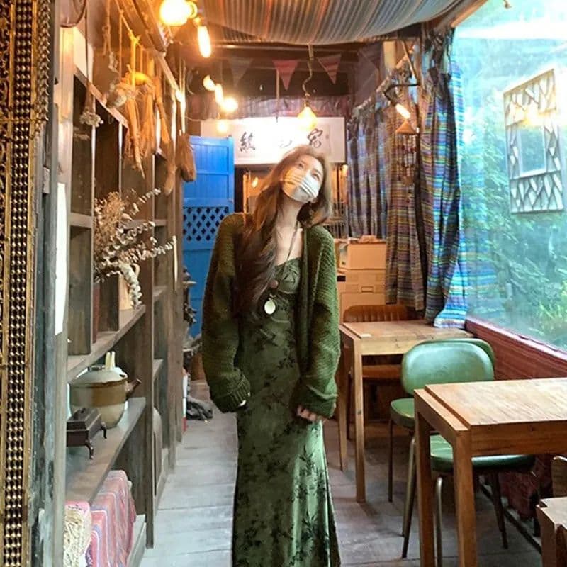고급 망사 드레스 녹색 꽃무늬 프랑스식 레트로 인어 꼬리 슬립 드레스 2026 새로운 여름 품격 다용도 이미지 3