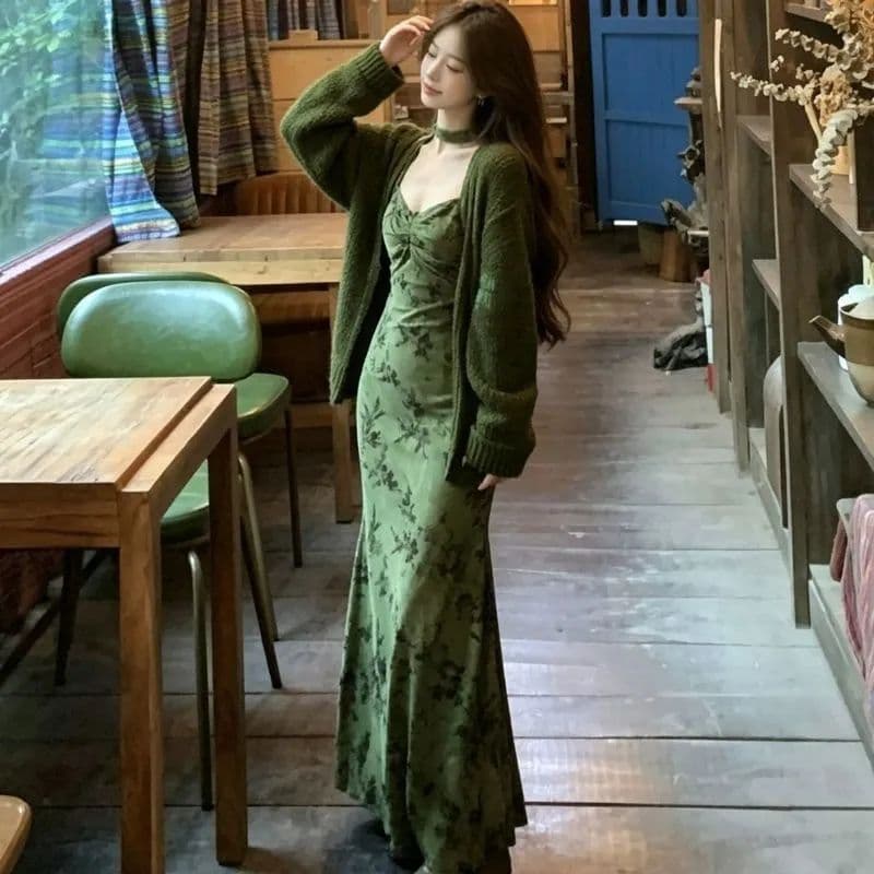 고급 망사 드레스 녹색 꽃무늬 프랑스식 레트로 인어 꼬리 슬립 드레스 2026 새로운 여름 품격 다용도 상세 이미지 1