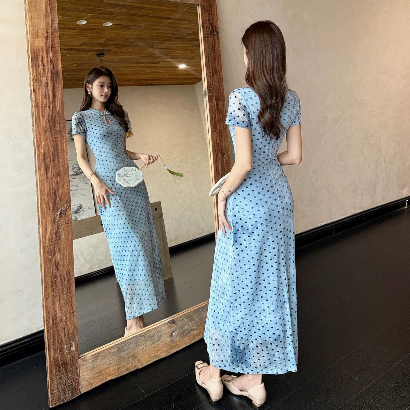 프랑스식 파란색 도트 무늬 반팔 치파오 여성 드레스 여름 아름다운 자이언트 잘 생긴 품격 몸매 가꾸기 타이트 스커트 길다 치마 이미지 2