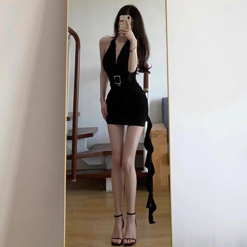 로얄 자매 섹시함 행침 목 여성 드레스 여름 새로운 허리 수축 품격 핫걸 품격 백리스 타이트 스커트 치마 쇼트 스타일 이미지 4