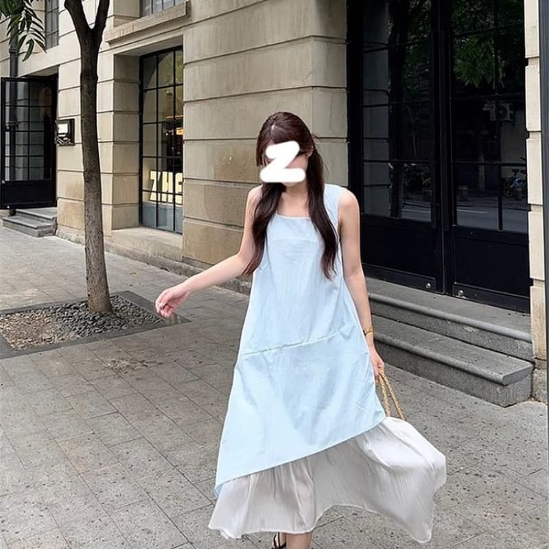 화이트 조끼 스커트 여성 여름 2026 새로운 프랑스식 루즈핏 디자인 센스 중간 길이 불규칙 슬립 드레스 이미지 5