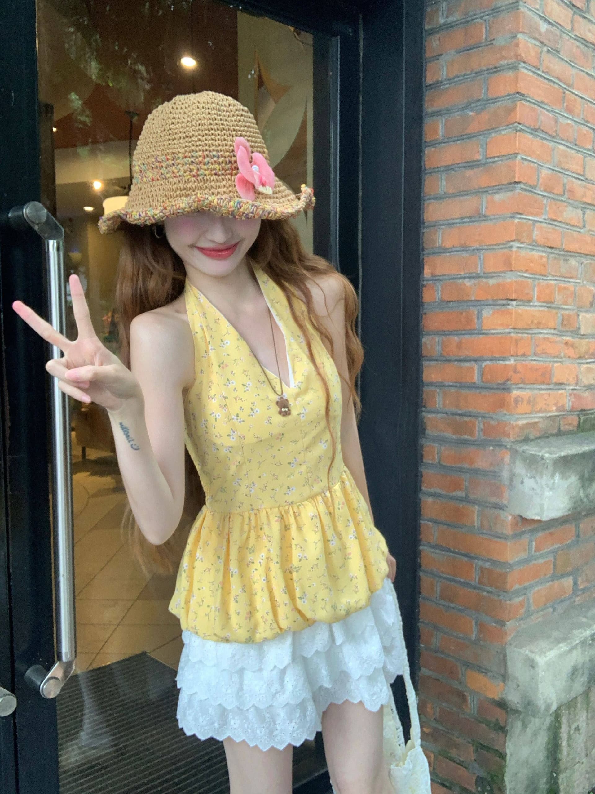 여름 작은 대중 꽃무늬 프린트 행침 목 캐미솔 화이트 퍼프 허리밴드 반신 스커트 노출 방지 세트 이미지 4