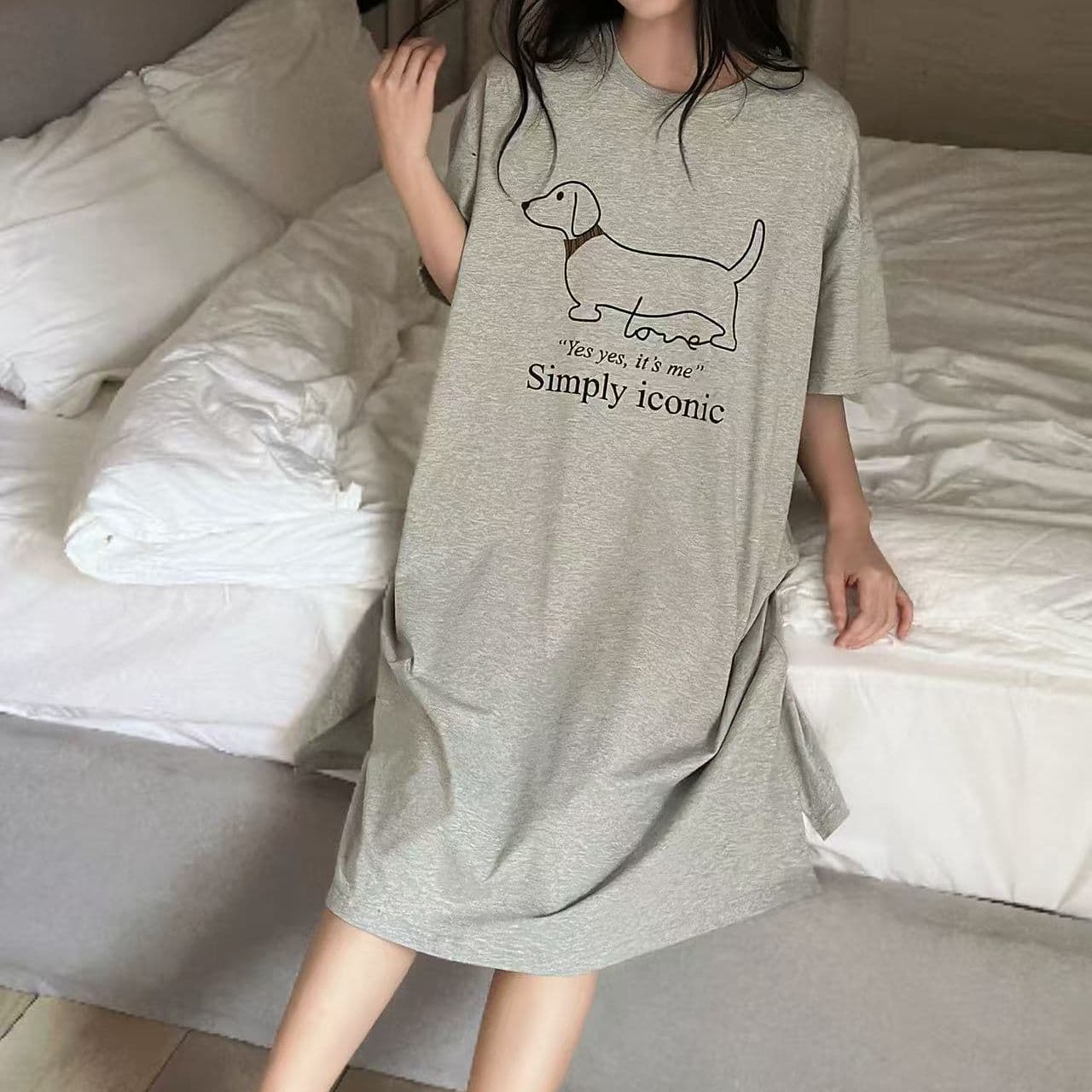 모방 면 우유 실크 한 부서 여름 새로운 트임 프린트 티셔츠 여성 드레스 루즈핏 슬림해 보이는 반팔 치마 상세 이미지 4