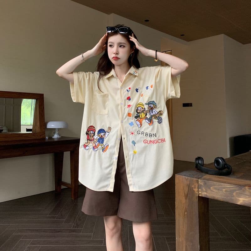 아메리칸 레트로 무거운 작업 자수 코듀로이 반팔 셔츠 여름 커플 루즈핏 느긋한 바람 캐주얼 셔츠 오픈 가디건