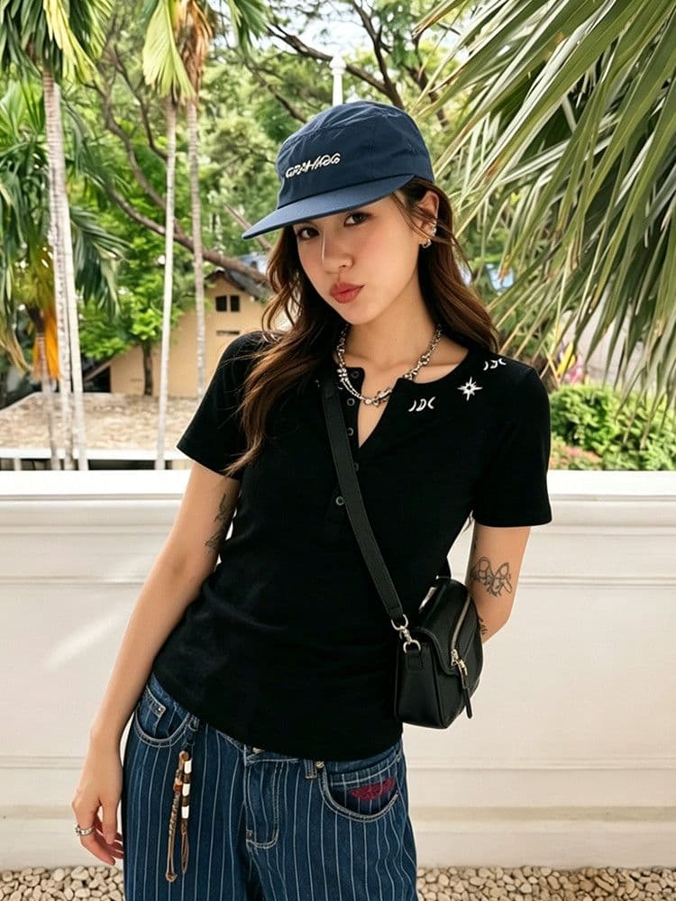사람들 면 260 그램 아메리칸 핫걸 바람 검정색 헨리 칼라 긍정적 인 어깨 반팔 티셔츠 여성 여름 디자인 새로운 맨위 여성