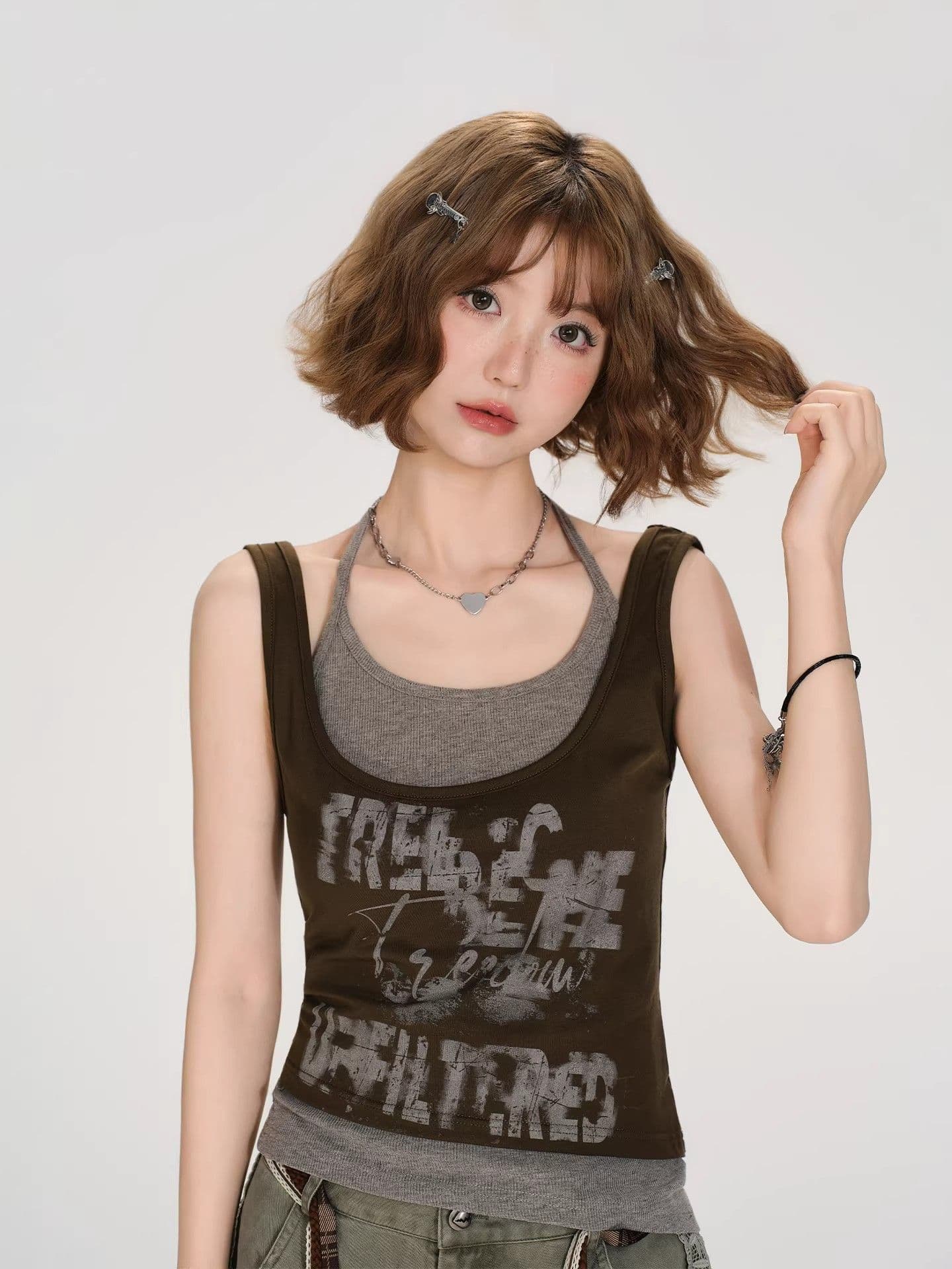 모달 면 페이크 레이어드 프린트 조끼 여성 여름 몸매 가꾸기 슬림해 보이는 밝은 디자인 센스 맨위 상세 이미지 3