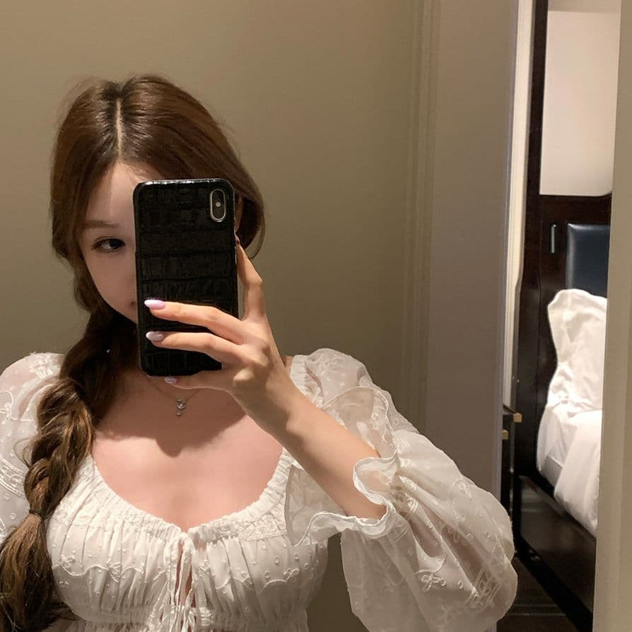 Tulle 달빛 레이스 자수 벌룬 소매 V넥 스트랩 자외선 차단 블라우스 이미지 3