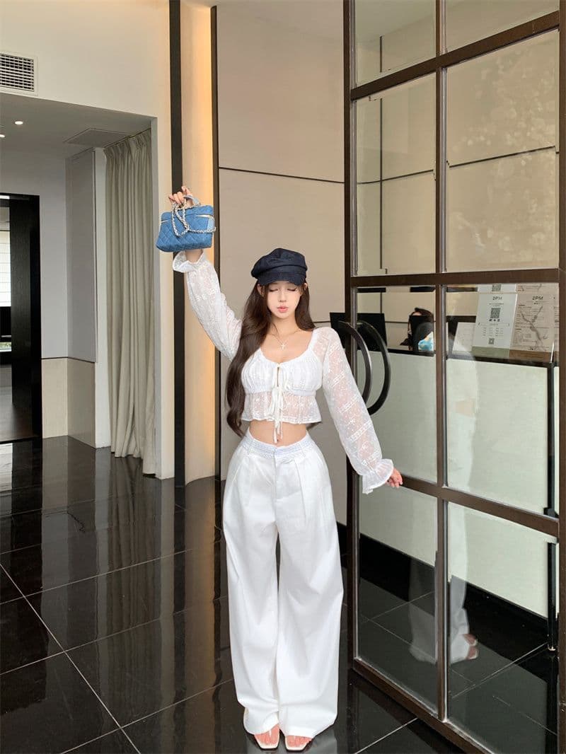 순수한 욕망 V넥 레이스 스트랩 자외선 차단 긴팔 여성 셔츠 여름 프랑스식 허리 수축 슬림해 보이는 벌룬 소매 쇼트 스타일 맨위 상세 이미지 3
