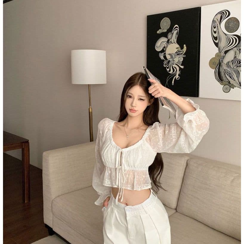 순수한 욕망 V넥 레이스 스트랩 자외선 차단 긴팔 여성 셔츠 여름 프랑스식 허리 수축 슬림해 보이는 벌룬 소매 쇼트 스타일 맨위 상세 이미지 5