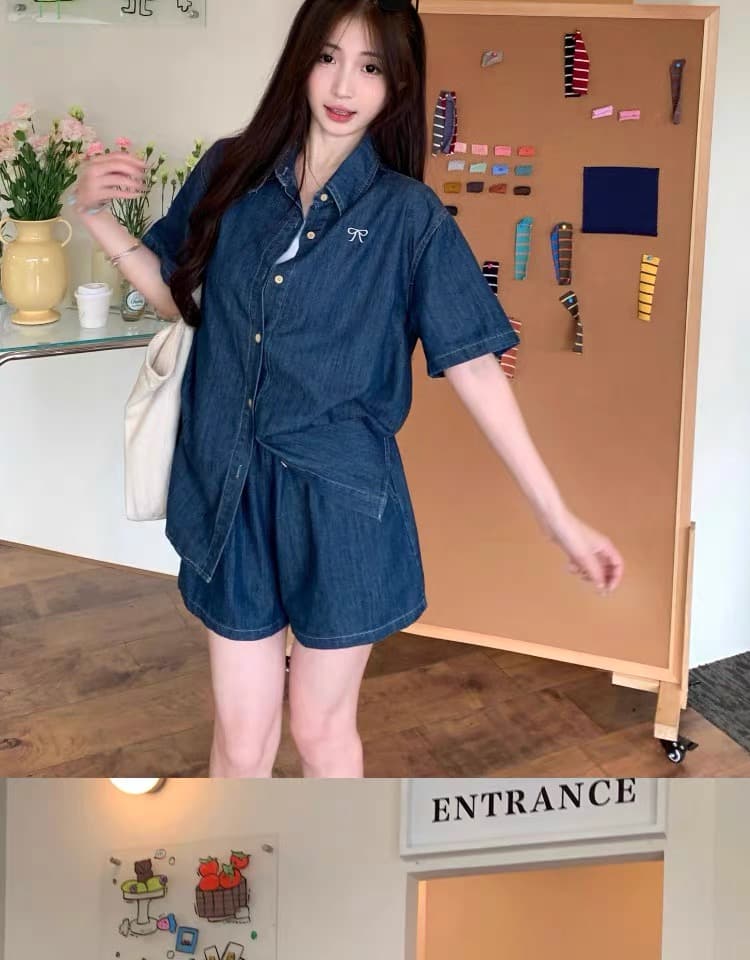 여름 새로운 모방 데님 세트 여성용 짧은 소매 셔츠 반바지 투피스 세트 빅 사이즈 마이크로 지방 착용 가져 가라. 캐주얼 세트 트렌디 상세 이미지 4