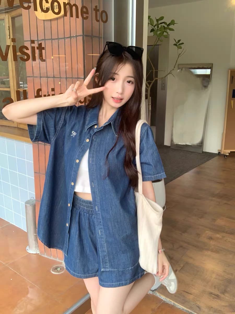 여름 새로운 모방 데님 세트 여성용 짧은 소매 셔츠 반바지 투피스 세트 빅 사이즈 마이크로 지방 착용 가져 가라. 캐주얼 세트 트렌디 상세 이미지 6