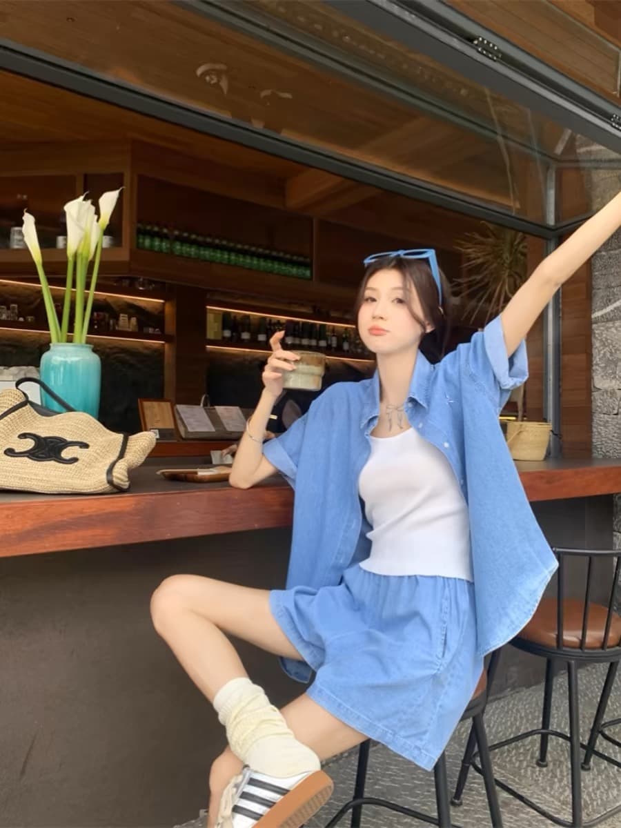 여름 새로운 모방 데님 세트 여성용 짧은 소매 셔츠 반바지 투피스 세트 빅 사이즈 마이크로 지방 착용 가져 가라. 캐주얼 세트 트렌디 상세 이미지 15