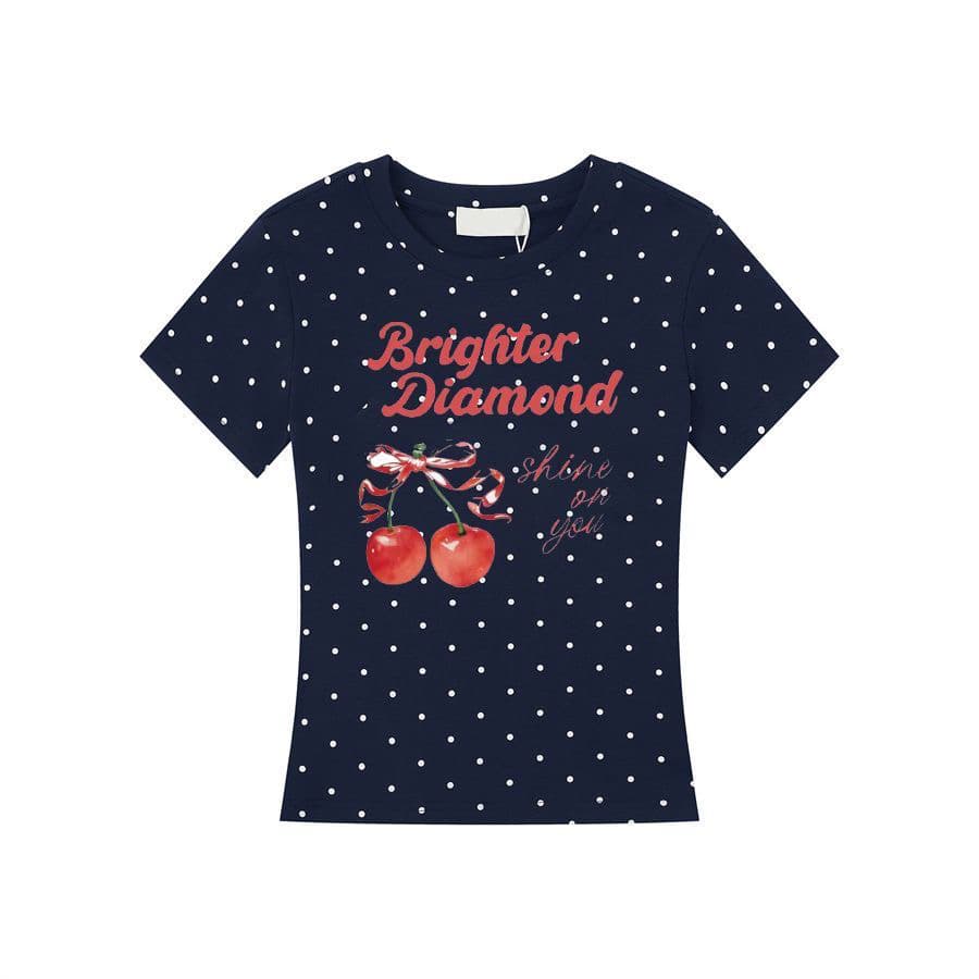 라운드 넥 도트 무늬 반팔 긍정적 인 어깨 새로운 슬림해 보이는 박하 녹색 폭발 도파민 타이트 느긋한 바람 맨위 트렌디 상세 이미지 2