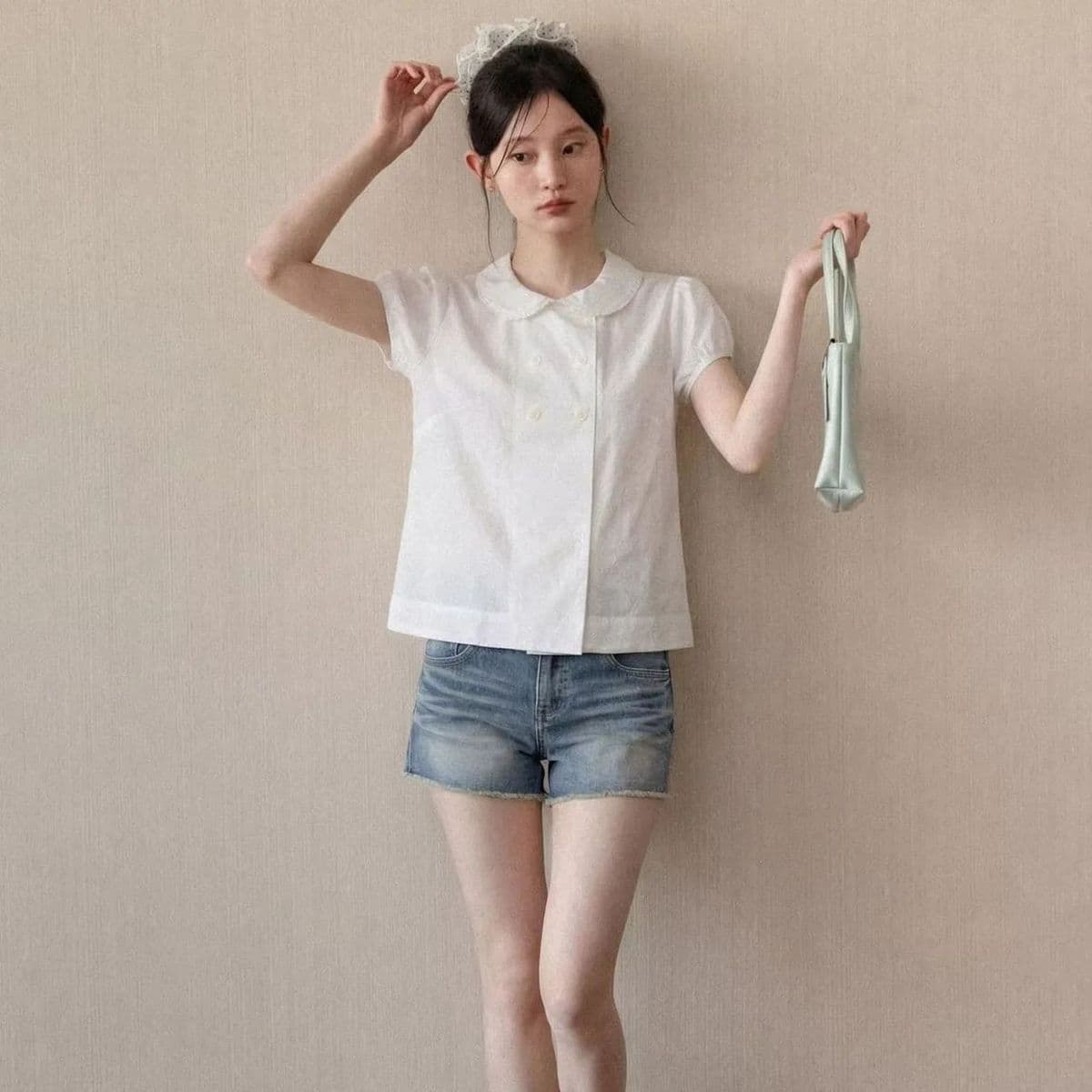 달콤함 연령 감소 이중 버튼 반팔 여성 셔츠 여름 새로운 일본식 학원 스타일 미니멀리즘 베이비 칼라 맨위 여성 상세 이미지 1