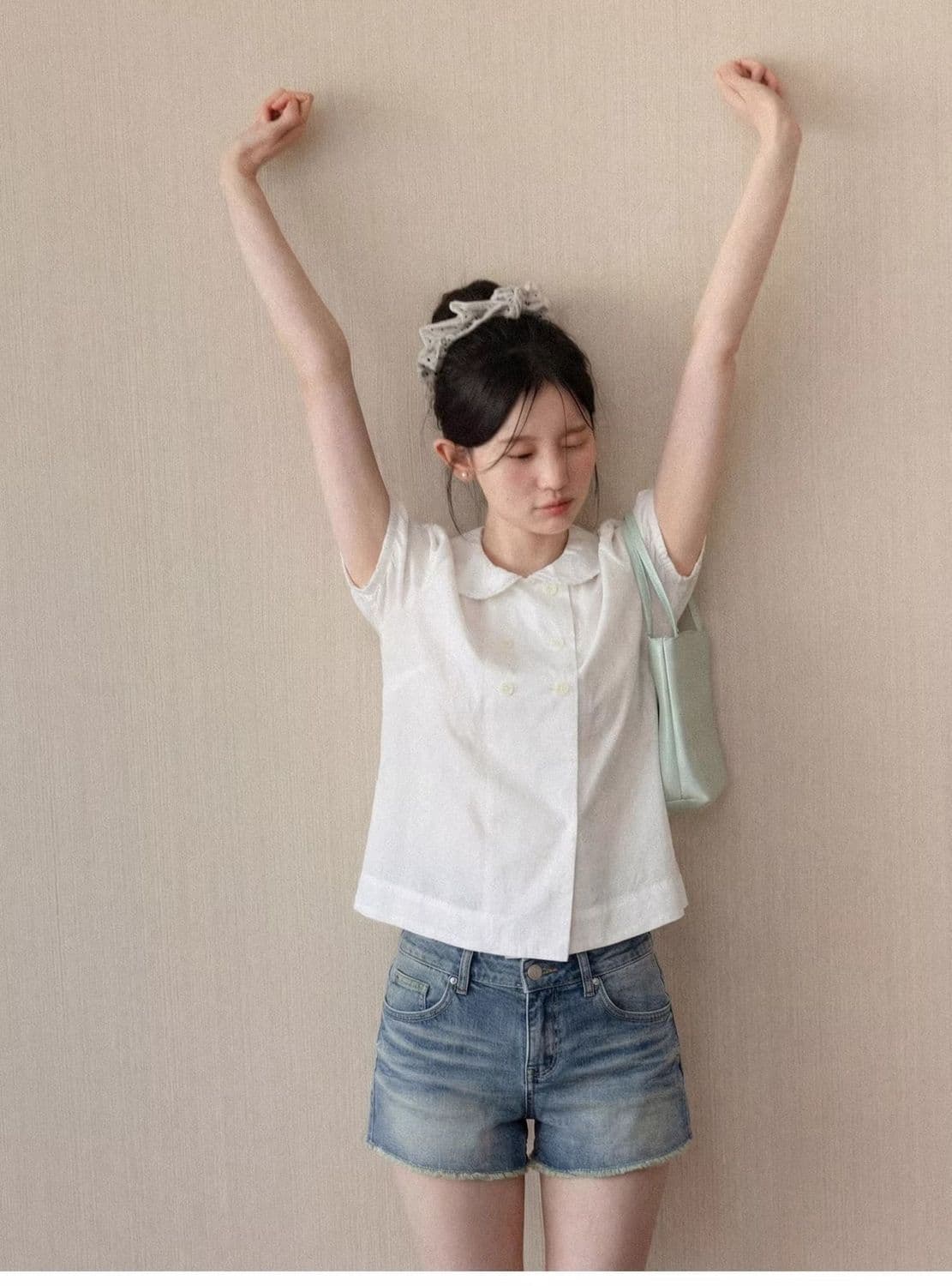 달콤함 연령 감소 이중 버튼 반팔 여성 셔츠 여름 새로운 일본식 학원 스타일 미니멀리즘 베이비 칼라 맨위 여성 상세 이미지 3