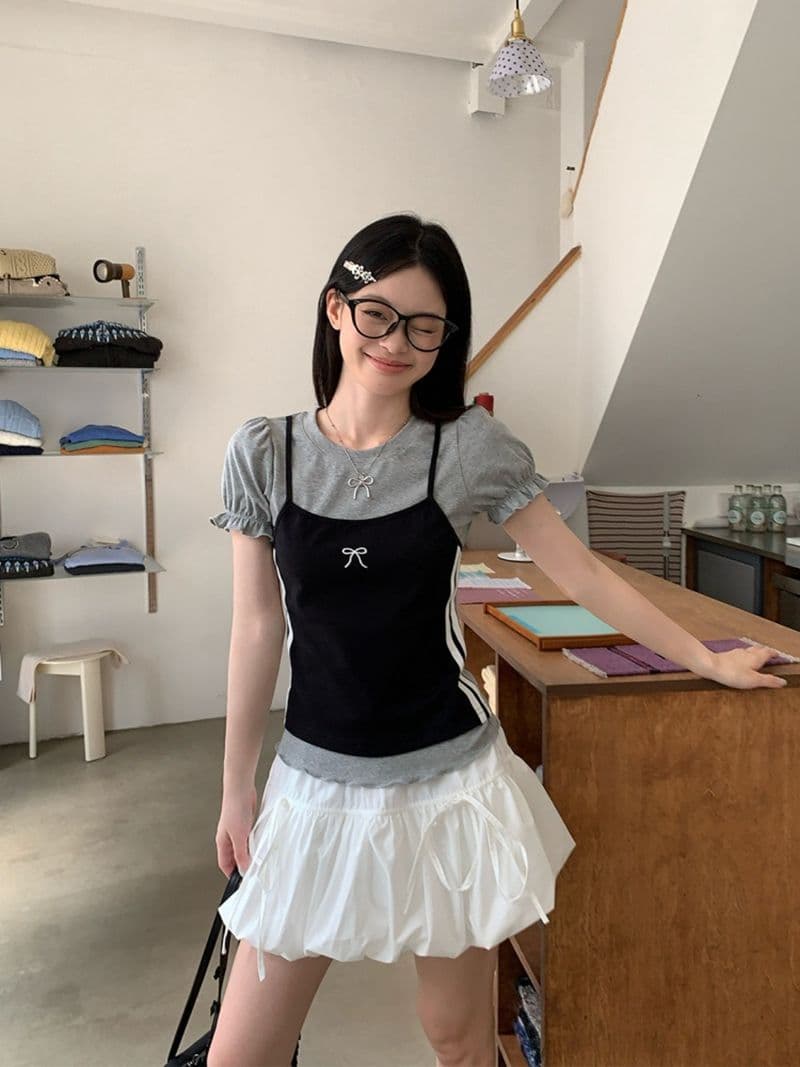 210 그램 40 순면 페이크 레이어드 버블 반팔 티셔츠 여성 나비 매듭 자수 몸매 가꾸기 맨위 상세 이미지 1