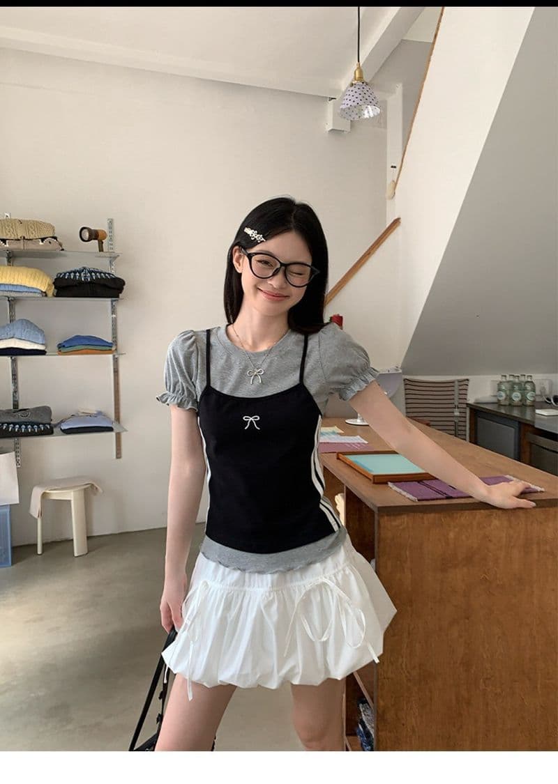 210 그램 40 순면 페이크 레이어드 버블 반팔 티셔츠 여성 나비 매듭 자수 몸매 가꾸기 맨위 상세 이미지 2