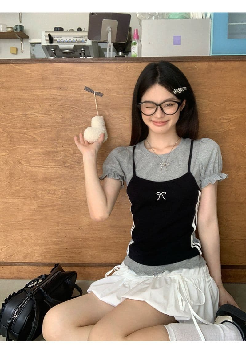 210 그램 40 순면 페이크 레이어드 버블 반팔 티셔츠 여성 나비 매듭 자수 몸매 가꾸기 맨위 상세 이미지 5