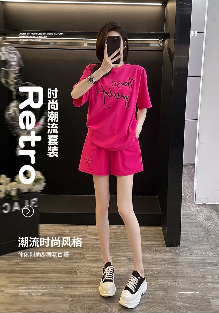 패션 미니멀리즘 한국 스타일 인터넷 유명인 튀김 거리 폭발 여름 새로운 용과 색상 반팔 반바지 운동 캐주얼 세트 이미지 4