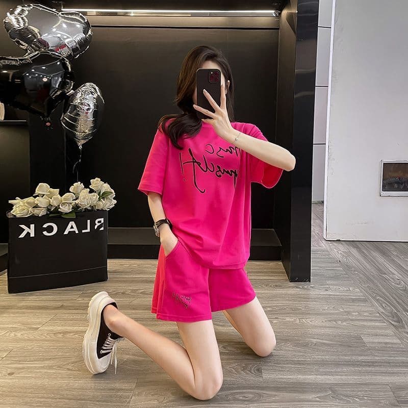 패션 미니멀리즘 한국 스타일 인터넷 유명인 튀김 거리 폭발 여름 새로운 용과 색상 반팔 반바지 운동 캐주얼 세트 상세 이미지 1