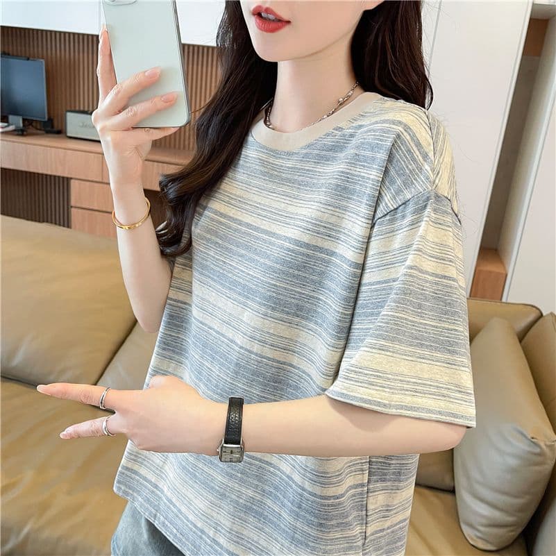 라운드 넥 반팔 티셔츠 여성 한국 스타일 새로운 인쇄 플라워 인서트 색상 패치워크 맨위 여성