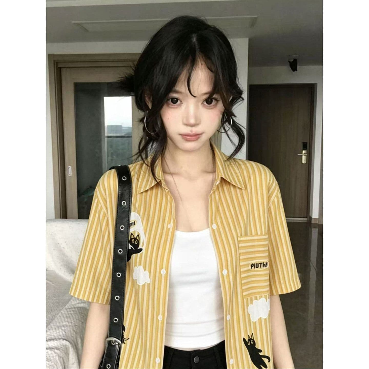 아메리칸 레트로 스트라이프 고양이 만화 자수 디자인 센스 셔츠 반팔 여성 여름 느긋한 바람 셔츠 트렌디 이미지 4