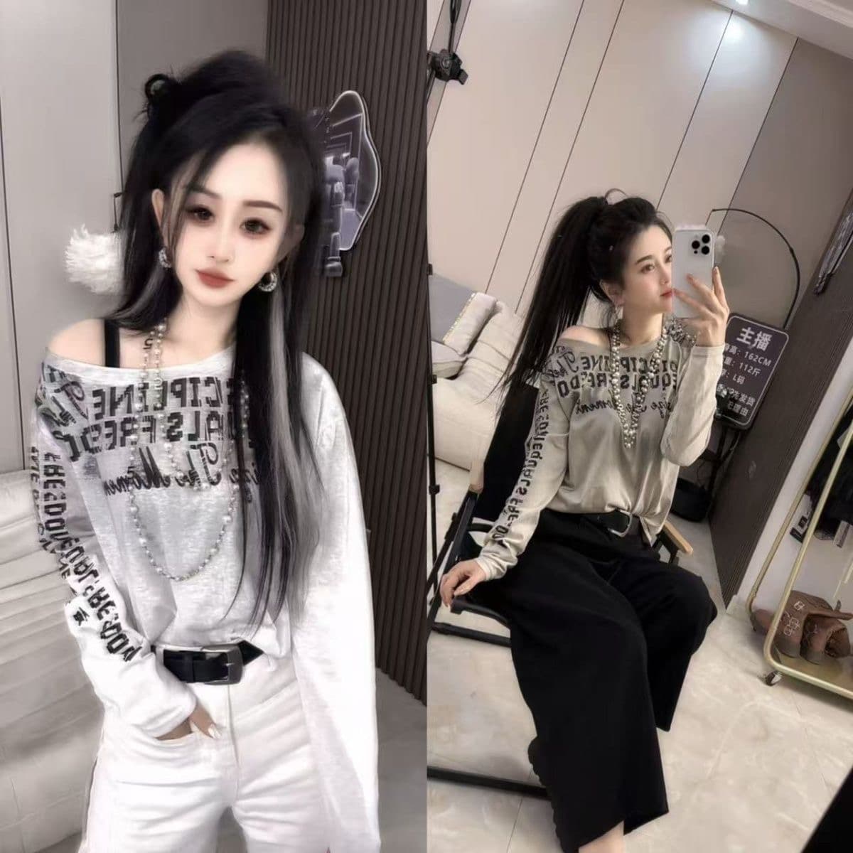 눈꽃 면 비스듬한 칼라 오프숄더 여름 얇은 스타일 루즈핏 알파벳 프린트 긴팔 티셔츠 아메리칸 레트로 블라우스 맨위 이미지 5