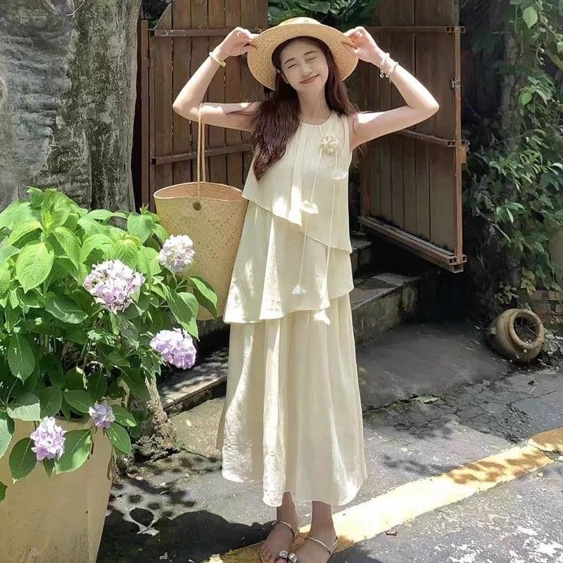 원본 것 있음 네리 불규칙 층 프릴 쉬폰 드레스 루즈핏 표지 배 아름다운 민소매 치마