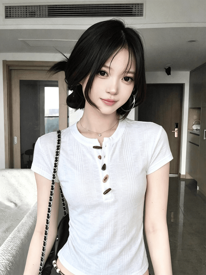 원본 원단 한 부서 질감 센스 소뿔 버클 반팔 티셔츠 여성 여름 몸매 가꾸기 슬림해 보이는 핫걸 맨위 상세 이미지 3