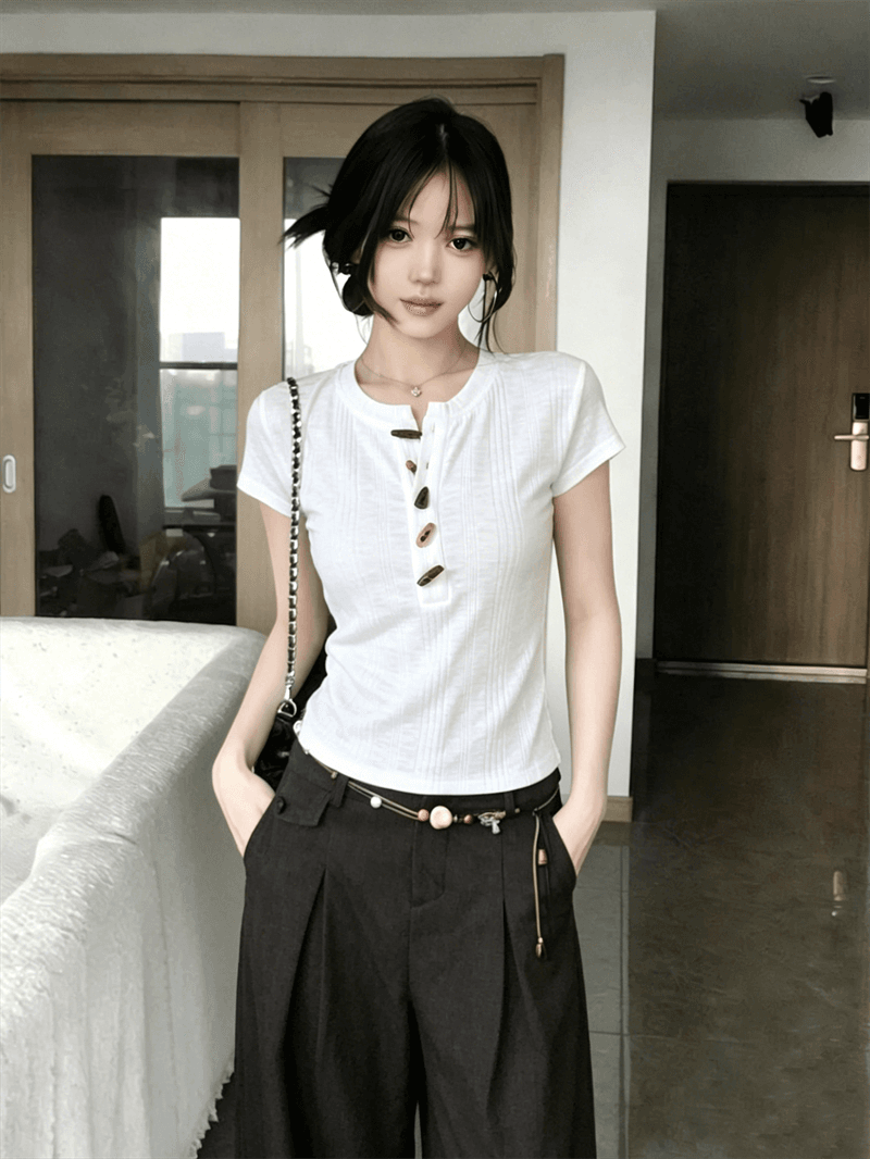 원본 원단 한 부서 질감 센스 소뿔 버클 반팔 티셔츠 여성 여름 몸매 가꾸기 슬림해 보이는 핫걸 맨위 상세 이미지 6