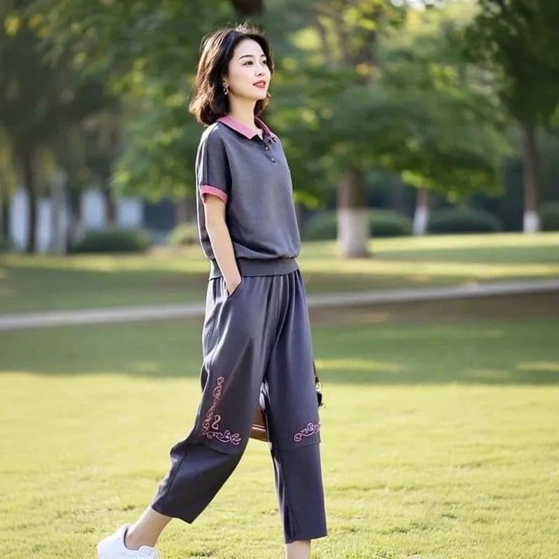 폭발 패치워크 배색 프린트 세트 여름 빅 사이즈 루즈핏 POLO 칼라 티셔츠 허리밴드 9부 바지 투피스 세트 이미지 5