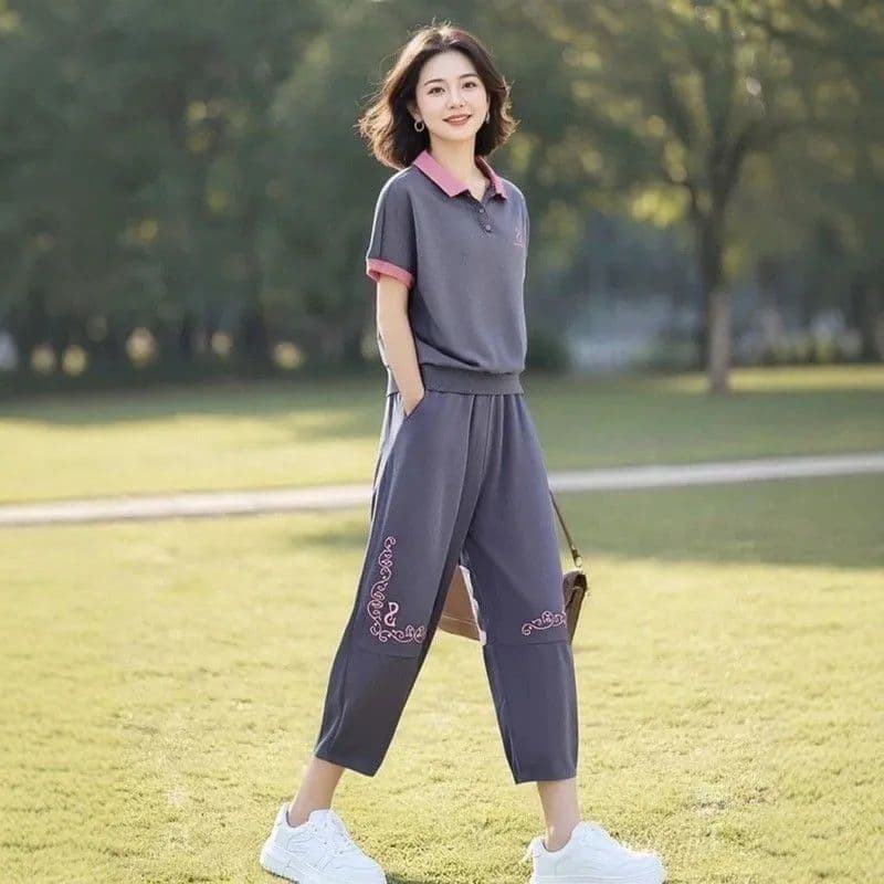 폭발 패치워크 배색 프린트 세트 여름 빅 사이즈 루즈핏 POLO 칼라 티셔츠 허리밴드 9부 바지 투피스 세트 상세 이미지 1