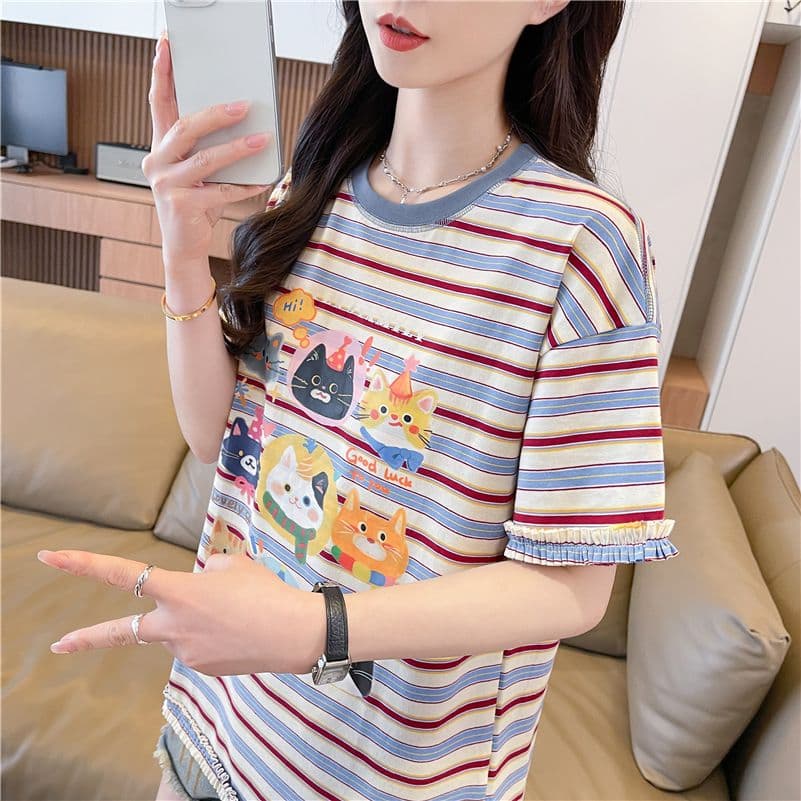 실사 5921# 라운드 넥 반팔 티셔츠 여성 명중 인터넷 새로운 프린트 싸움 플러그 색상 주름 제거 ins 맨위 여성 상세 이미지 1