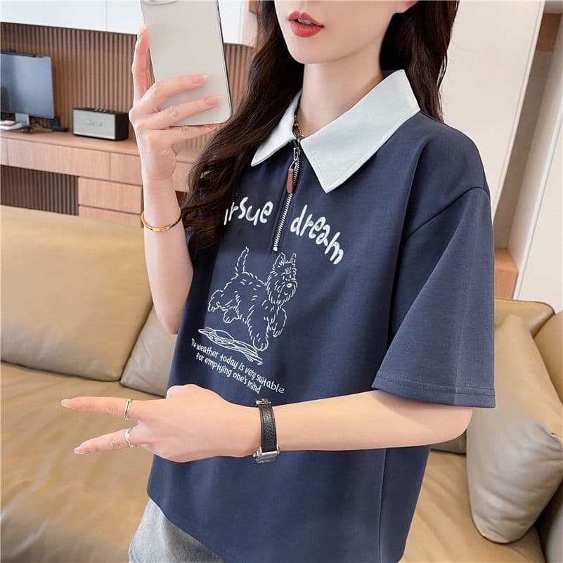 실사 5919#polo 칼라 패치워크 반팔 티셔츠 여성 2026 년 새로운 지퍼 자수 삽입 색상 맨위 이미지 5