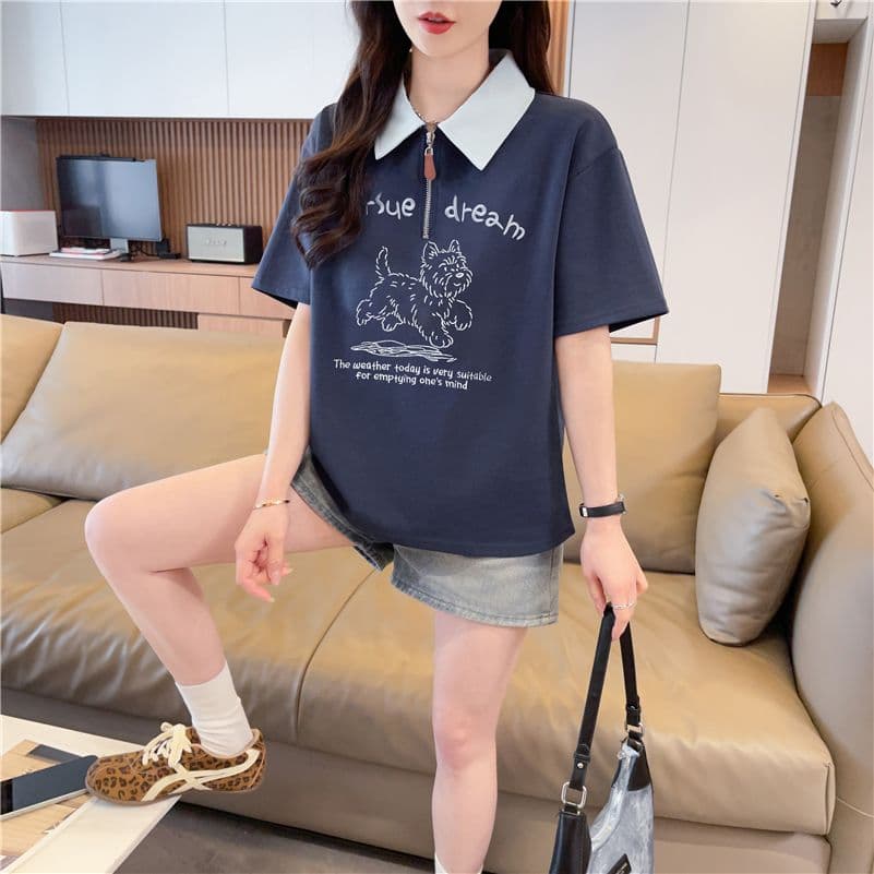 실사 5919#polo 칼라 패치워크 반팔 티셔츠 여성 2026 년 새로운 지퍼 자수 삽입 색상 맨위 이미지 4