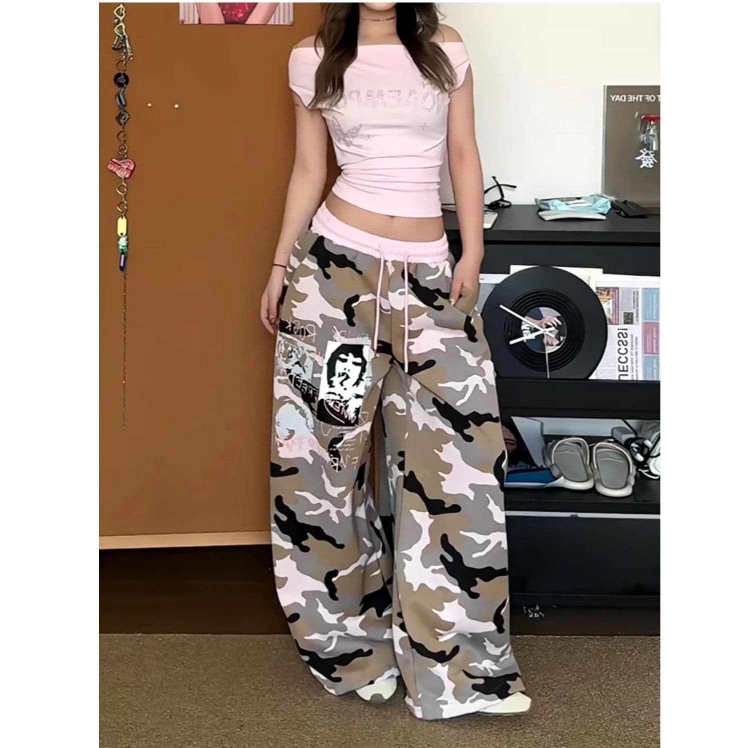 아메리칸 핫걸 바람 카모플라주 와이드 레깅스 바지 루즈핏 펌프 로프 재즈 댄스 바지 캐주얼 바지 거리 배색 바닥 청소 바지 이미지 3