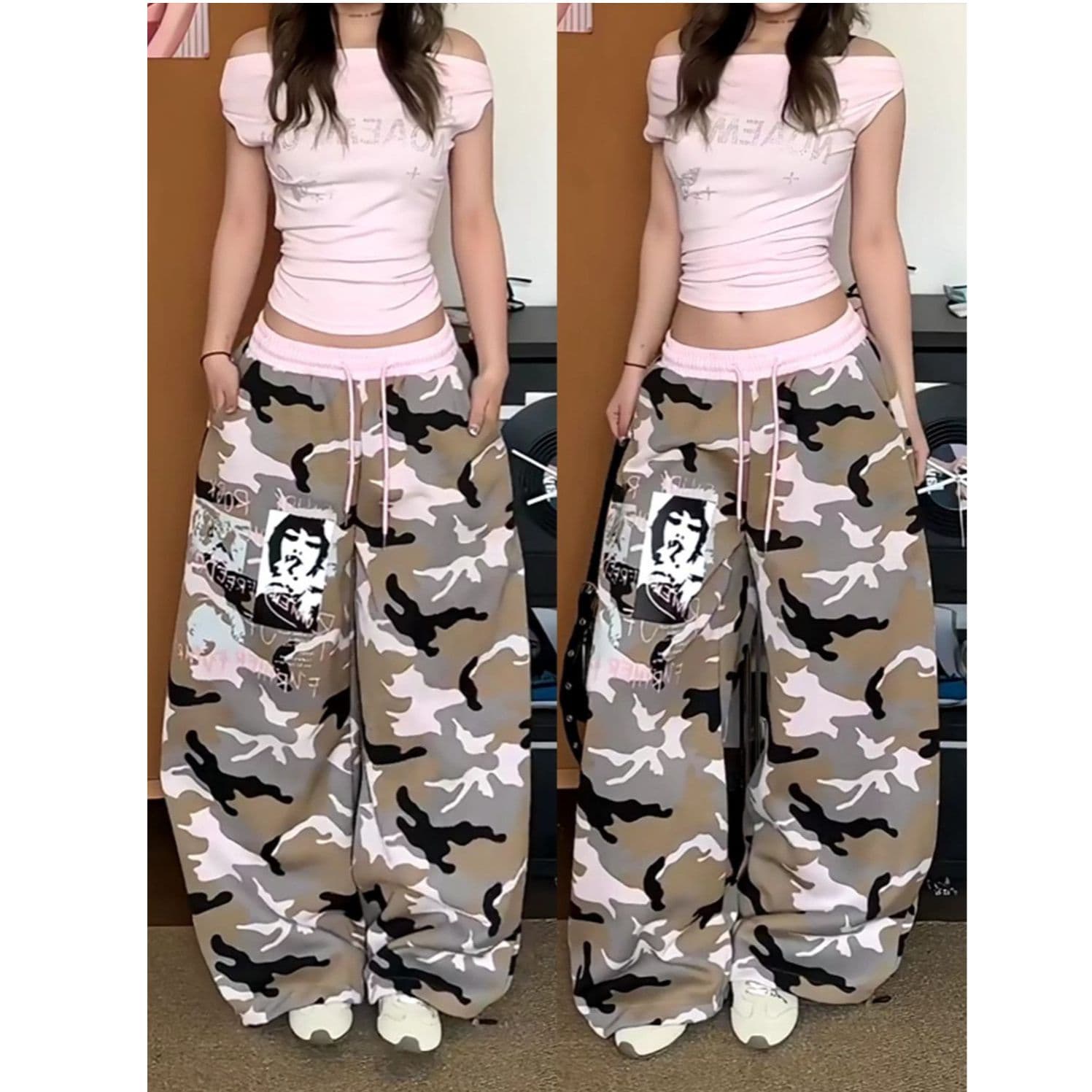 아메리칸 핫걸 바람 카모플라주 와이드 레깅스 바지 루즈핏 펌프 로프 재즈 댄스 바지 캐주얼 바지 거리 배색 바닥 청소 바지 상세 이미지 1