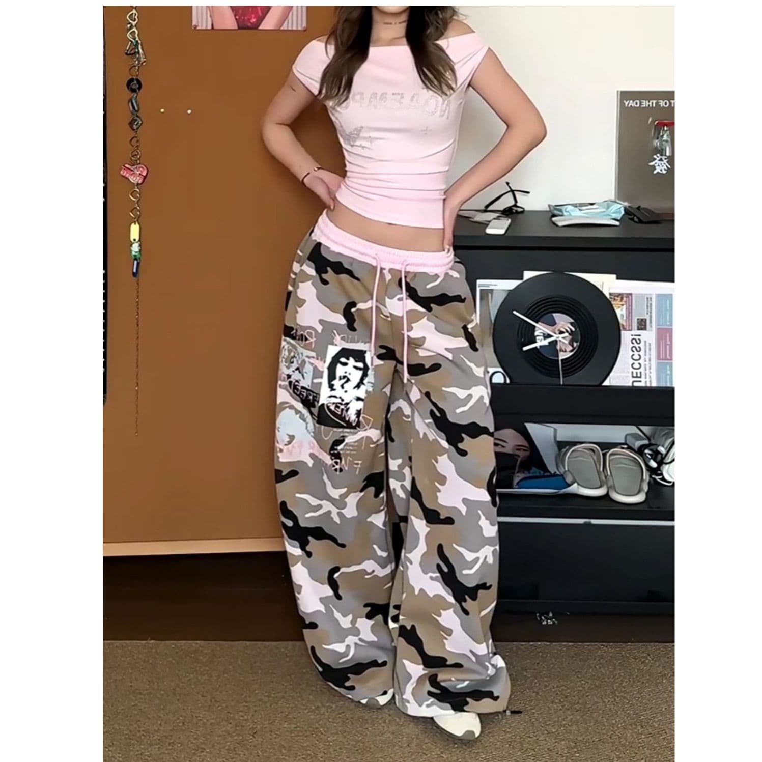 아메리칸 핫걸 바람 카모플라주 와이드 레깅스 바지 루즈핏 펌프 로프 재즈 댄스 바지 캐주얼 바지 거리 배색 바닥 청소 바지 상세 이미지 2