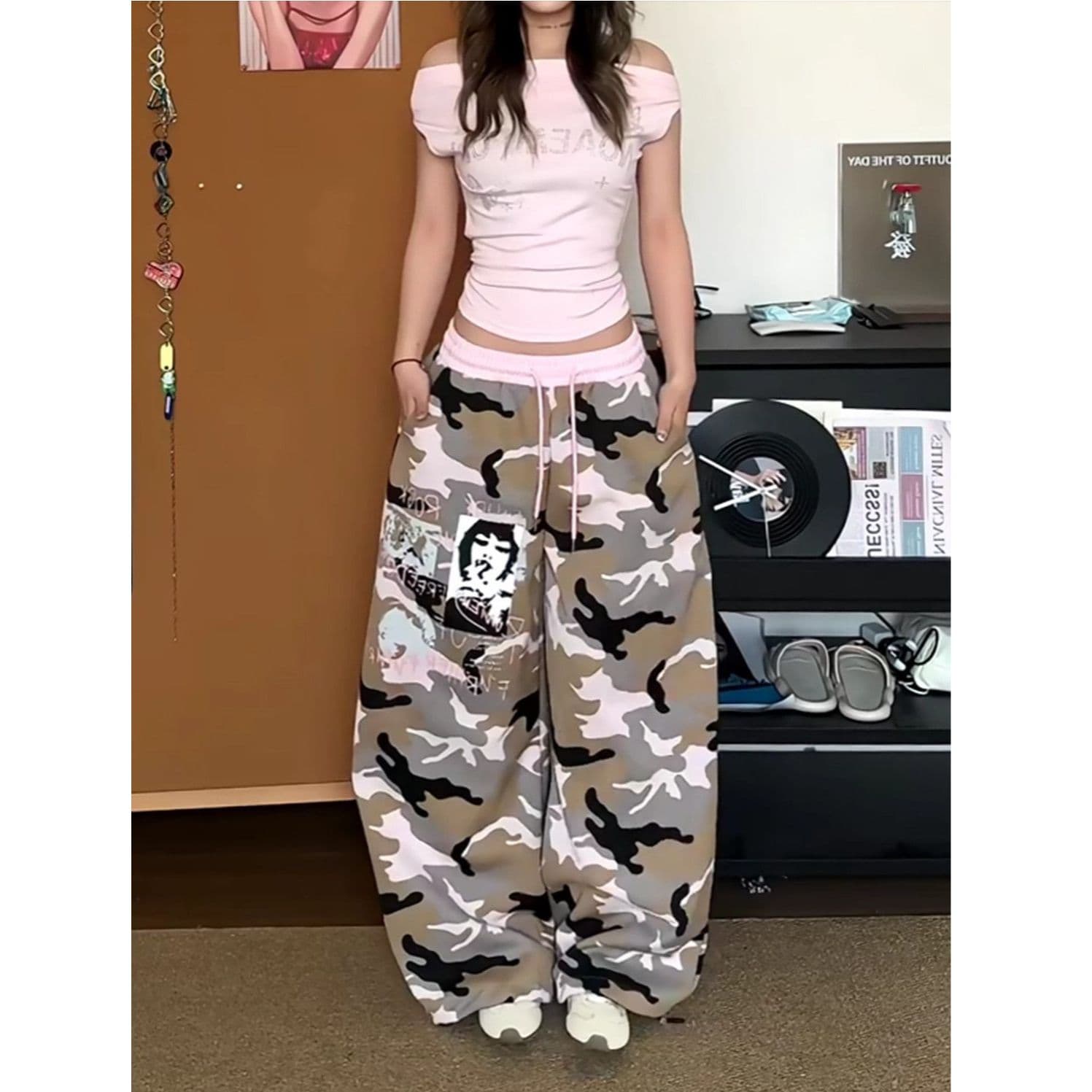 아메리칸 핫걸 바람 카모플라주 와이드 레깅스 바지 루즈핏 펌프 로프 재즈 댄스 바지 캐주얼 바지 거리 배색 바닥 청소 바지 상세 이미지 5