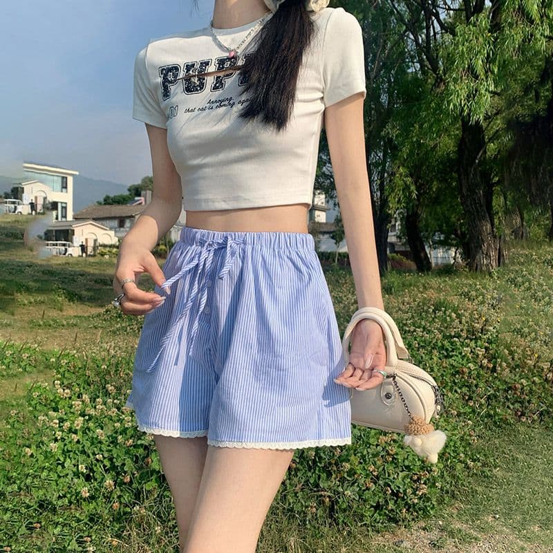 펌프 로프 수직 곡물 레이스 루즈핏 다용도 캐주얼 파란색 반바지 여성 여름 새로운 와이드 레그 팬츠