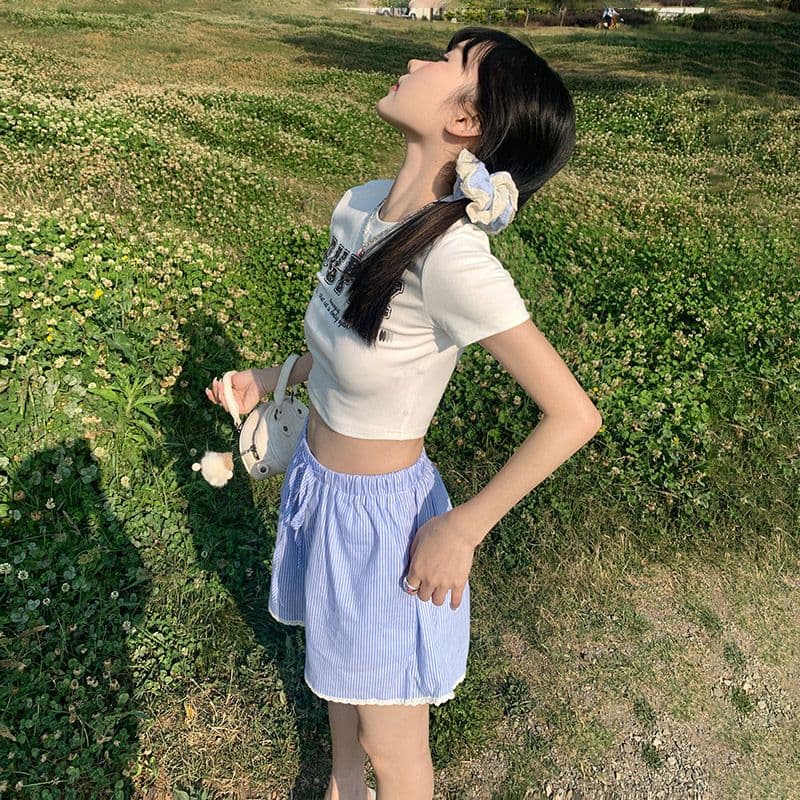 펌프 로프 수직 곡물 레이스 루즈핏 다용도 캐주얼 파란색 반바지 여성 여름 새로운 와이드 레그 팬츠 이미지 5