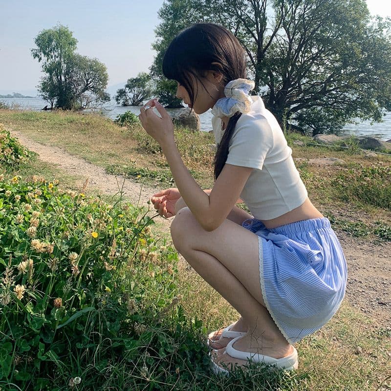 펌프 로프 수직 곡물 레이스 루즈핏 다용도 캐주얼 파란색 반바지 여성 여름 새로운 와이드 레그 팬츠 상세 이미지 3