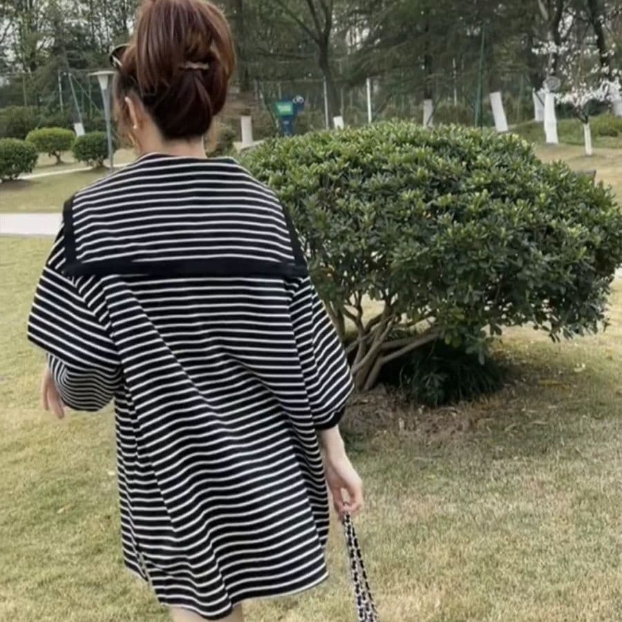 슈퍼 빅 사이즈 300 근 한국 스타일 느긋한 품격 2026 여름 새로운 해군 칼라 루즈핏 흑백 줄무늬 슬림해 보이는 맨위 상세 이미지 2