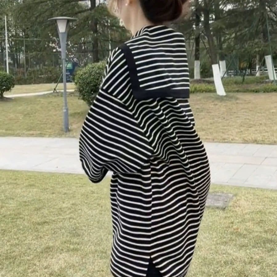 슈퍼 빅 사이즈 300 근 한국 스타일 느긋한 품격 2026 여름 새로운 해군 칼라 루즈핏 흑백 줄무늬 슬림해 보이는 맨위 상세 이미지 3
