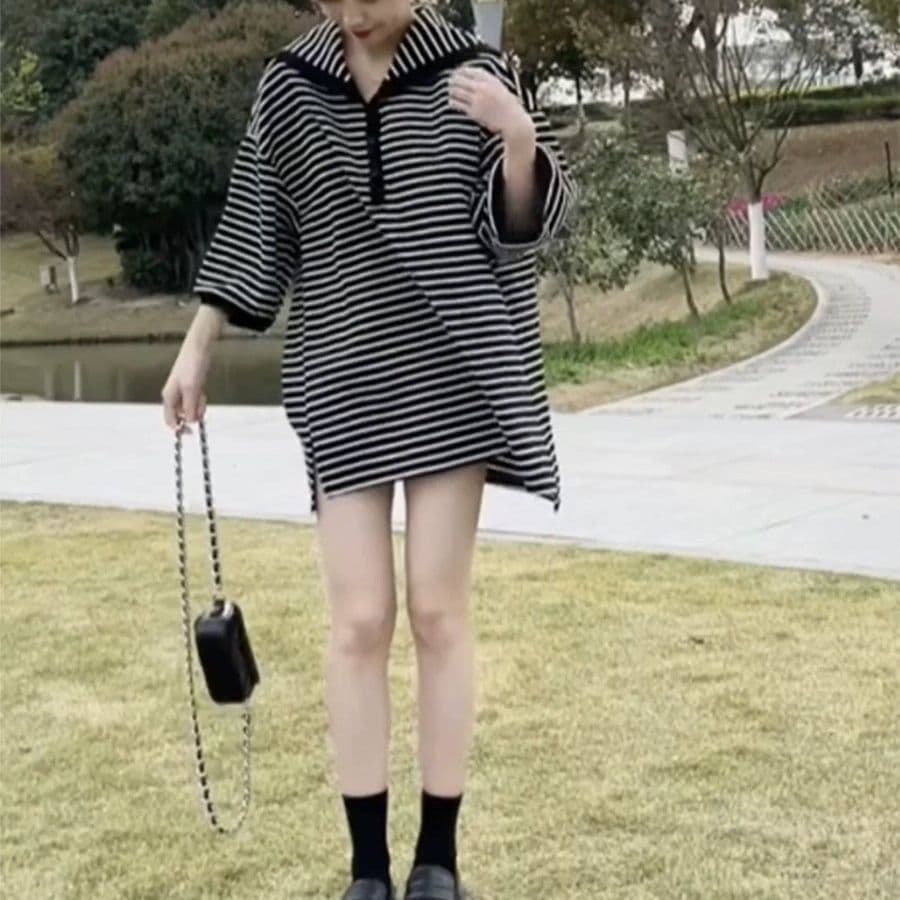 슈퍼 빅 사이즈 300 근 한국 스타일 느긋한 품격 2026 여름 새로운 해군 칼라 루즈핏 흑백 줄무늬 슬림해 보이는 맨위 상세 이미지 4