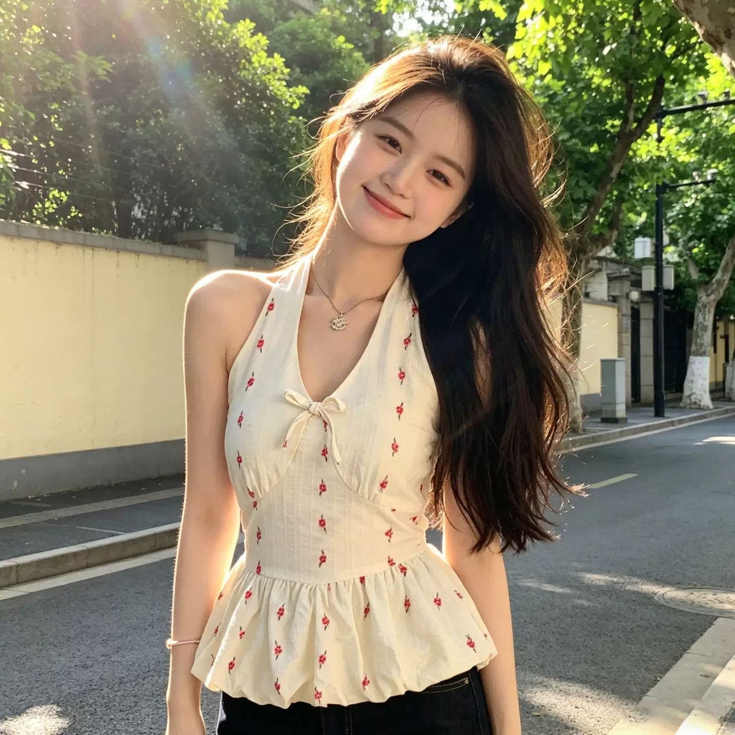 한 부서 V넥 꽃무늬 행침 목 민소매 캐미솔 여름 꽃밭 허리 수축 프릴 퍼프 쇼트 스타일 맨위