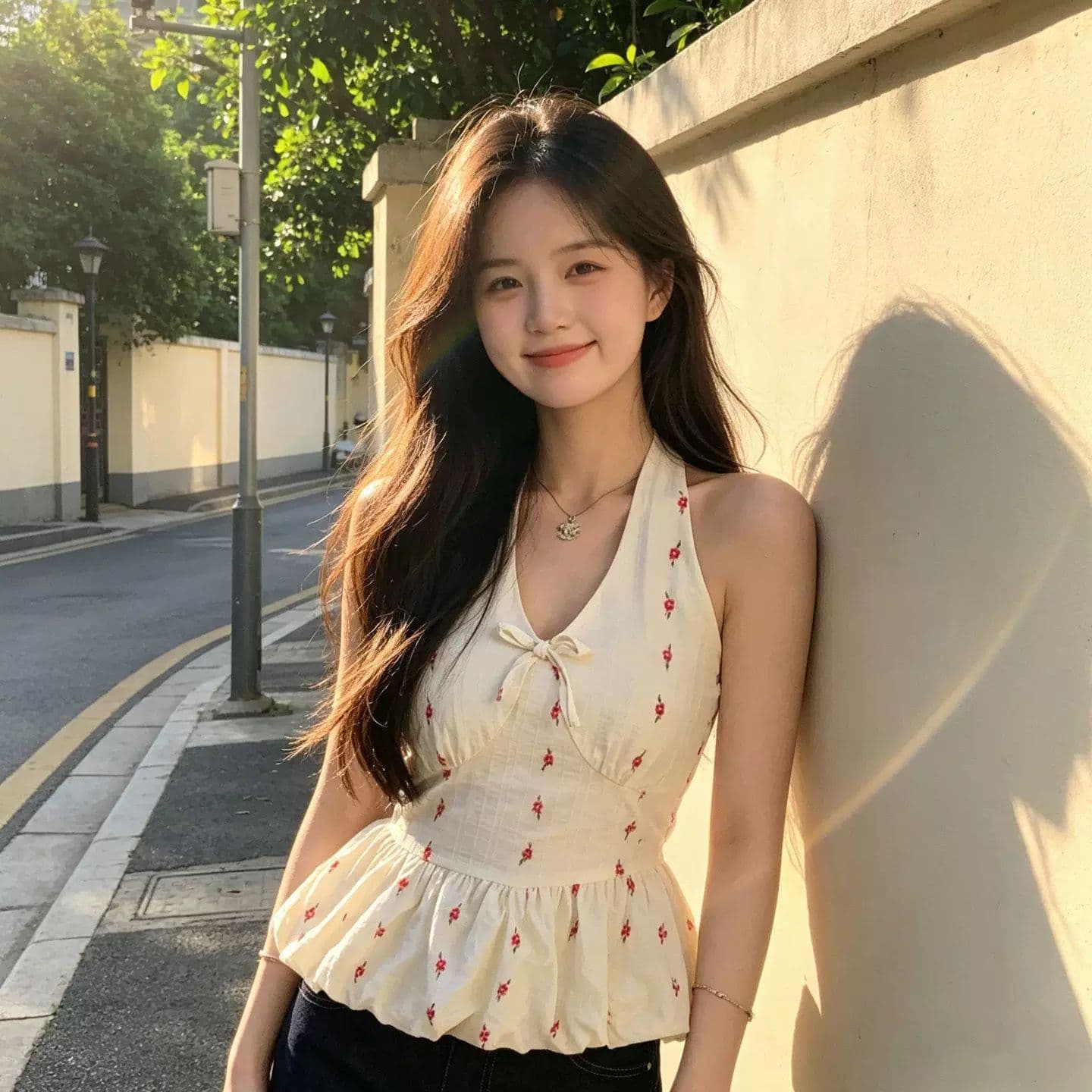 한 부서 V넥 꽃무늬 행침 목 민소매 캐미솔 여름 꽃밭 허리 수축 프릴 퍼프 쇼트 스타일 맨위 이미지 3