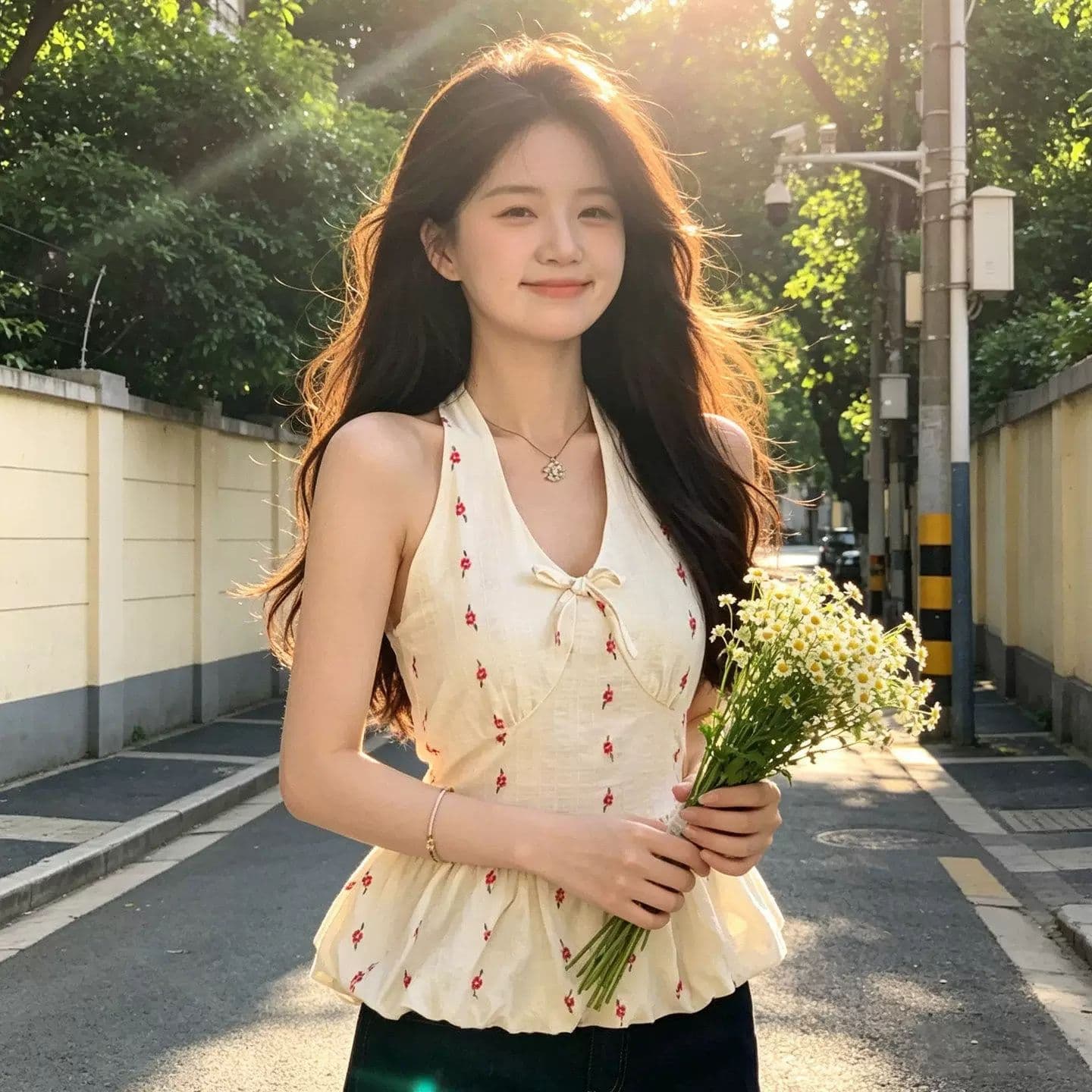 한 부서 V넥 꽃무늬 행침 목 민소매 캐미솔 여름 꽃밭 허리 수축 프릴 퍼프 쇼트 스타일 맨위 상세 이미지 3