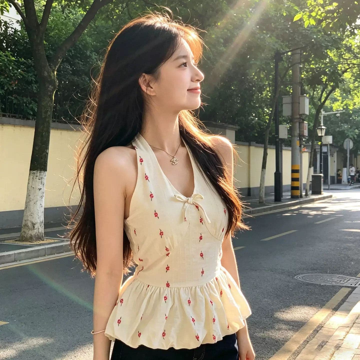 한 부서 V넥 꽃무늬 행침 목 민소매 캐미솔 여름 꽃밭 허리 수축 프릴 퍼프 쇼트 스타일 맨위 상세 이미지 4