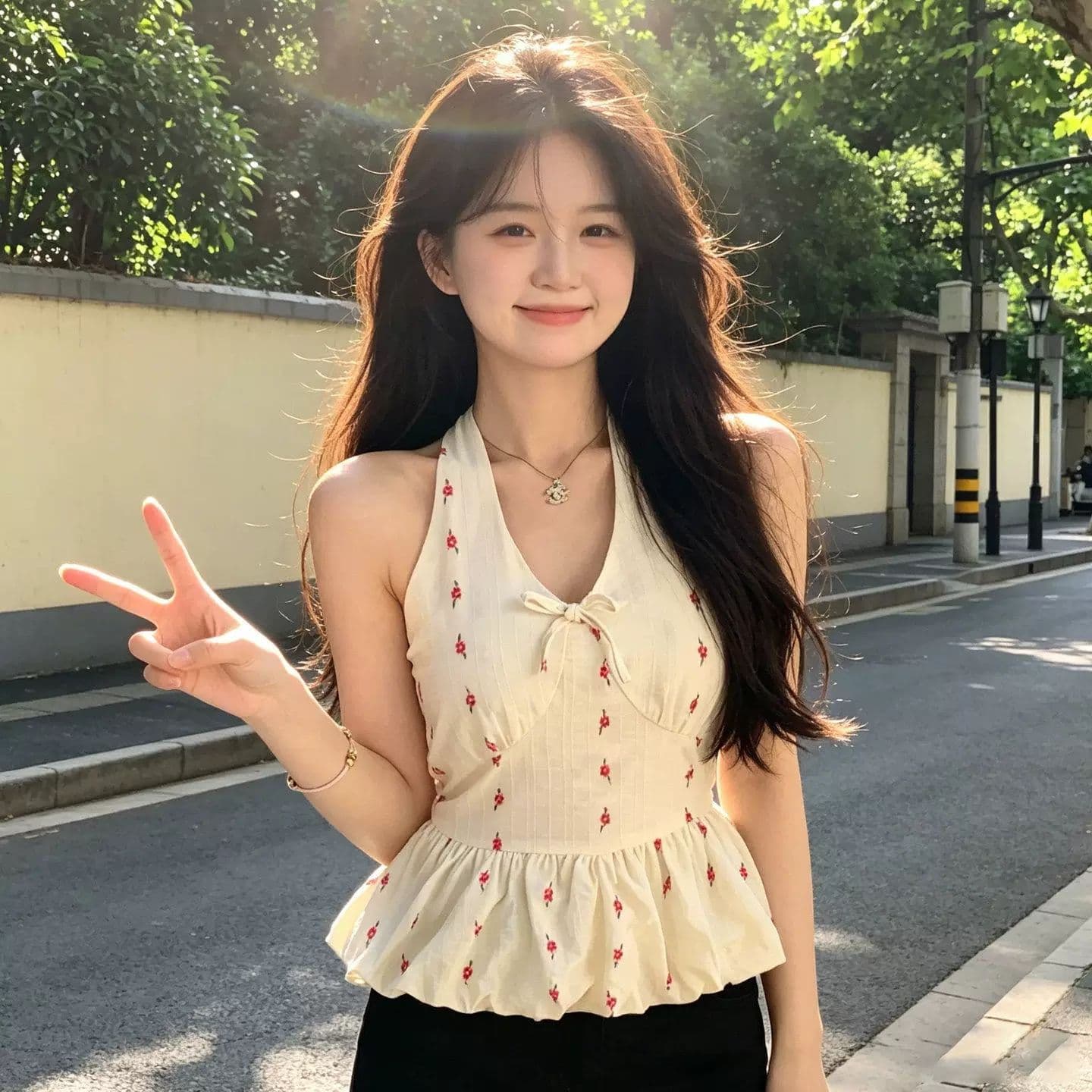 한 부서 V넥 꽃무늬 행침 목 민소매 캐미솔 여름 꽃밭 허리 수축 프릴 퍼프 쇼트 스타일 맨위 상세 이미지 5